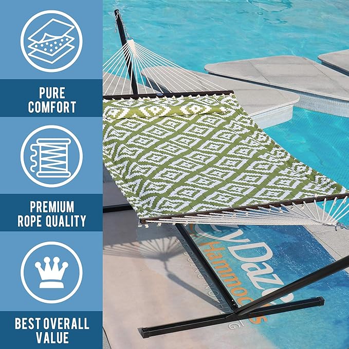 Lazy Daze Hammocks 12FT Quilted Fabric Hammock with Soft Pillow, Double 2 Person Tree Hammock with Spreader Bar for Outside Patio Poolside Backyard Beach, 450 lbs Capacity, Green Geometric