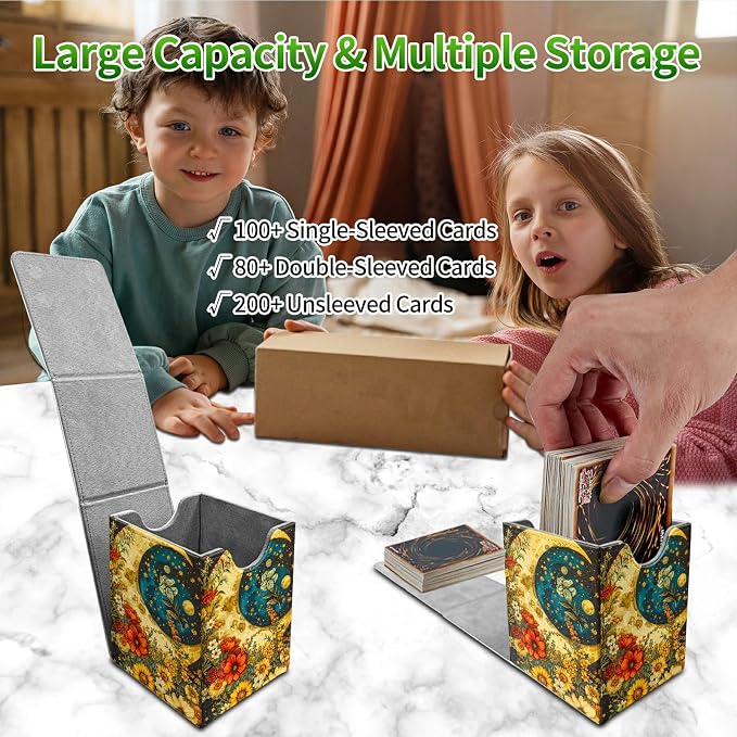 Deck Box for MTG, Cards Storage Box Fits 120+ Sleeved, Leather Medium Size Strong Magnetic Closing Card Case for Board Games Magic TCG CCG Baseball Collection, Flower Big Moon