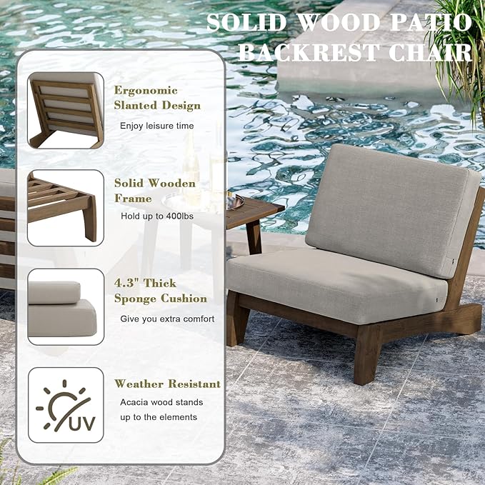 UIXE Wood Patio Furniture Sets, 4 Pieces All Weather Outdoor Sectional Futniture Patio Sofa Chair Backyard Conversation Set with Solid Wooden Coffee Table - Light Camel