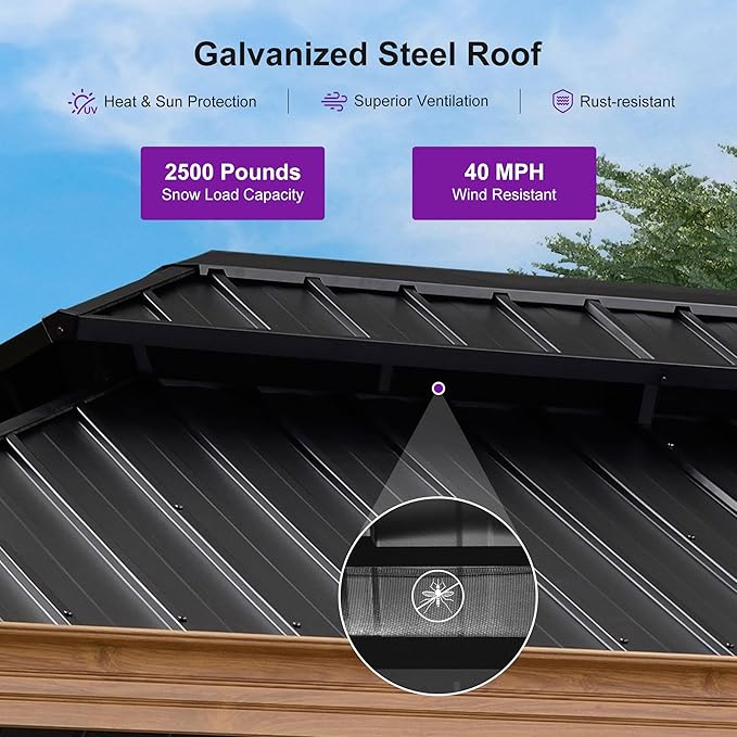 PURPLE LEAF 10' X 14' Outdoor Hardtop Gazebo for Patio Galvanized Steel Double Roof Permanent Canopy Teak Finish Coated Aluminum Frame Pavilion Gazebo with Netting