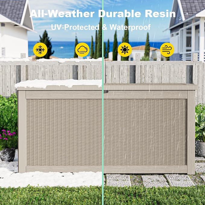 Outdoor Waterproof Resin Storage Deck Box Lockable Outside Bench UV Resistant Bin Patio Porch Furniture Pool Float Garden Tool Cushion (Grey, 320 Gallon)