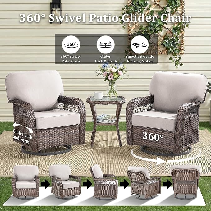 3 PCS Patio Swivel Rocking Chairs Set, Outdoor Wicker Furniture with 5-Inch Thick Olefin Cushions & Rattan Side Table, 360° Swivel Rocker Chairs for Garden, Porch, Backyard, Beige/Brown Wicker
