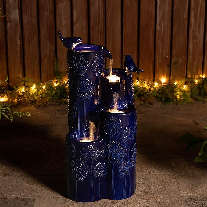 Glitzhome 27" H Outdoor Water Fountain with LED Light, Pump & Adapter, 4-Tier Cobalt Blue Dandelion Vase Ceramic Cascading Garden Fountains Waterfalls with Birds, for Porch Deck Patio Backyard