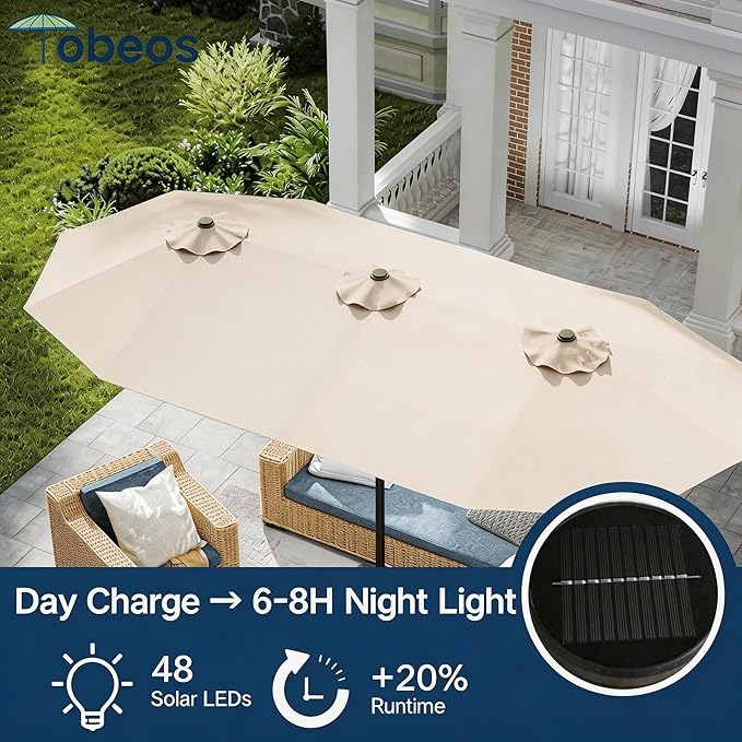 15ft Large Patio Umbrella with Solar Lights and Base, Double-Sided Outdoor Rectangle Umbrella with 48 LED Lights, Market Table Umbrellas with UV Resistant Canopy