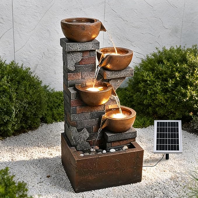 33.5" Tall Solar Water Fountain Outdoor Garden, 4-Tiered Cascading Bowl Fountains with Lights, Solar Powered Waterfall for Garden, Patio, Backyard, Deck, Porch, Indoor Decor