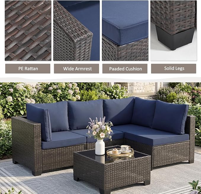 ANJ 5 Piece Outdoor Wicker Patio Furniture Set, Modular Loveseat Sofa with with Glass Top Coffee Table, All-Weather Rattan Conversation Couch Set for Balcony, Backyard, Dark Brown Wicker-Blue