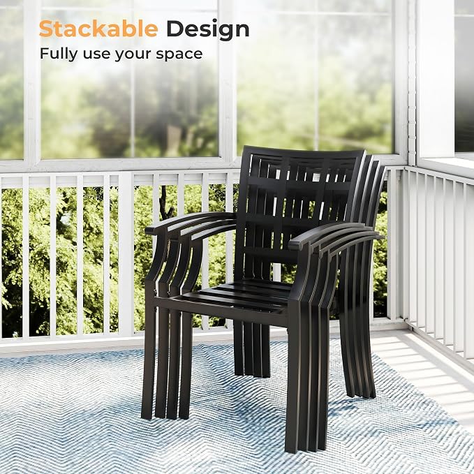 HAPPATIO 9-Piece Patio Dining Set, Outdoor Dining Set with Powder-Coated Metal, Dining Table with Umbrella Hole, 6 Stackable and 2 Swivel Chairs with Removable Cushions for Porch Pool Garden,Navy Blue