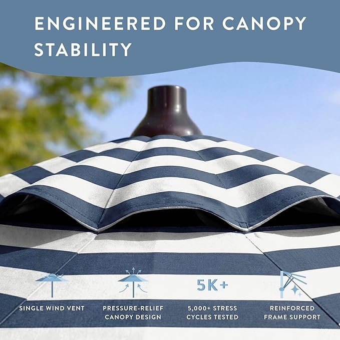 California Umbrella 8-Year Protection 9 Ft Outdoor Patio Umbrella, Solstice Fade-Resistant Fabric, Auto-Tilt, Heavy Duty Aluminum Frame, 8 Reinforced Ribs for Pool or Deck, Bronze Pole, Navy White Cabana Stripe
