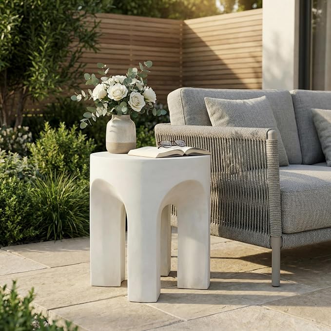 Round Outdoor Side Table, Antique White, No Assembly