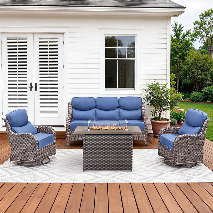Luxury High Back Patio Furniture Set with 6-Inch Thick Cushions, 4-Pieces Outdoor Furniture with Swivel Chairs Fire Pit, Wicker Conversation Set for Porch, Balcony, Deck and Yard, Brown/Blue