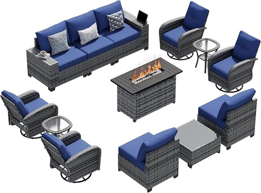 LazySunsets 13 PCS Patio Furniture Set with 44'' Fire Pit Table, Outdoor Sectional All-Weather Wicker Conversation Set with Swivel Rocker Chairs, 4'' Thick Cushions for Backyard Poolside(Navy/Grey)