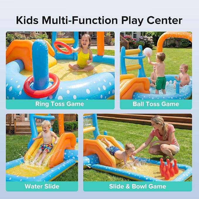Inflatale Kiddie Pool with Slide, 131.8" Kids Water Play Center with Splash Pool, Outdoor Backyard Water Toy for Summer Fun, Blue & Orange