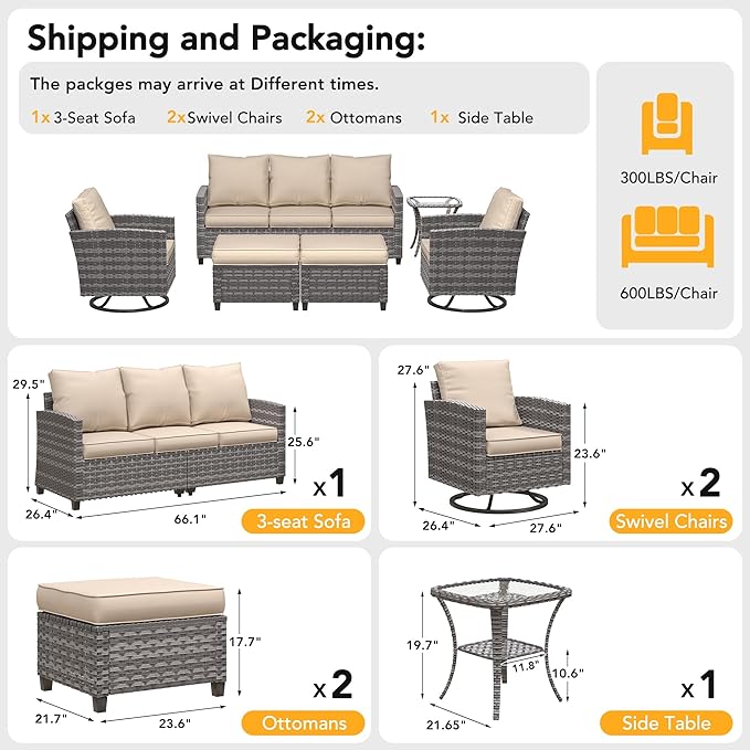 Patio Furniture Sets, 6 Pcs Patio Outdoor Sectional Furniture, Wicker Rattan Conversation Sofa with Swivel Chair, Ottomans, Side Table, 4" Thick Cushion, for Garden Backyard Deck, Khaki