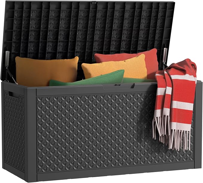 PatioZen 110 Gallon Deck Box Outdoor, Weatherproof Resin Patio Storage Box, Waterproof Outdoor Storage Boxes with Lid Lockable for Cushions, Garden Tools,Black