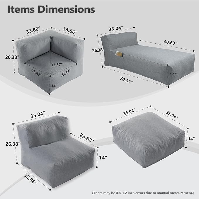 Patio Furniture Set, 9 Pcs Outdoor Conversation Set with Bean Bag Middle Chairs, Corner Chair, Ottomans, Modern Foam Couch Set for Garden, Deck, Balcony (9, Deep Gray)