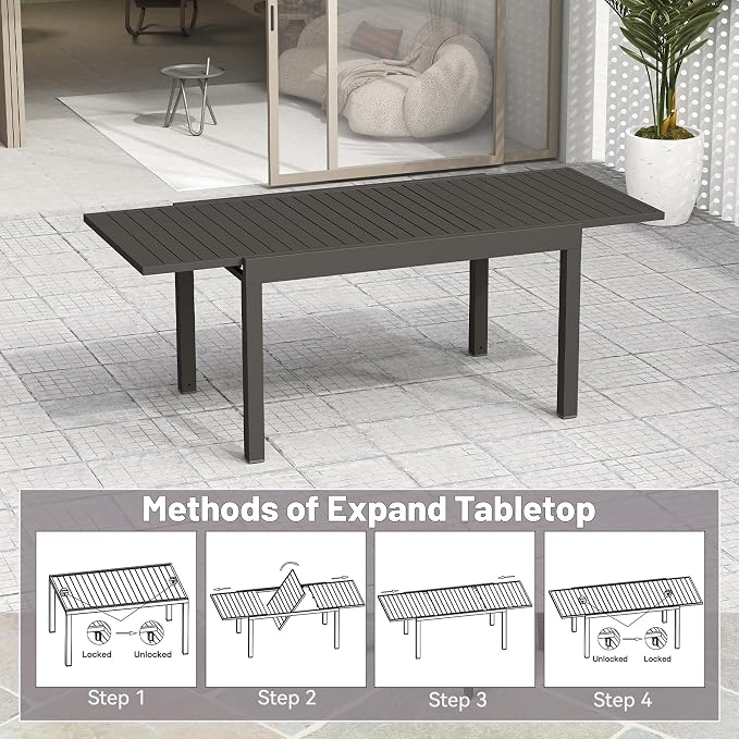 All Aluminum Expandable Patio Dining Table for 6-8 People, Extendable Outdoor Dining Room Table, All Weather Patio Furniture, Rectangular Metal Table with Adjustable Width 59"- 89", Dark Brown