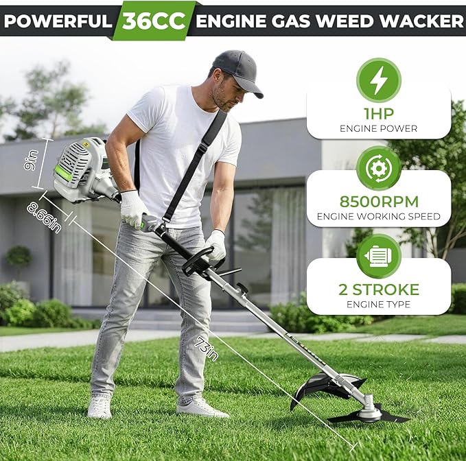 36CC Gas Powered String Trimmer, 3IN1 2-Stroke Gas Powered Weed Wacker with Brush Cutter, 3/40-Tooth Blade, Shoulder Strap for Garden, Yard