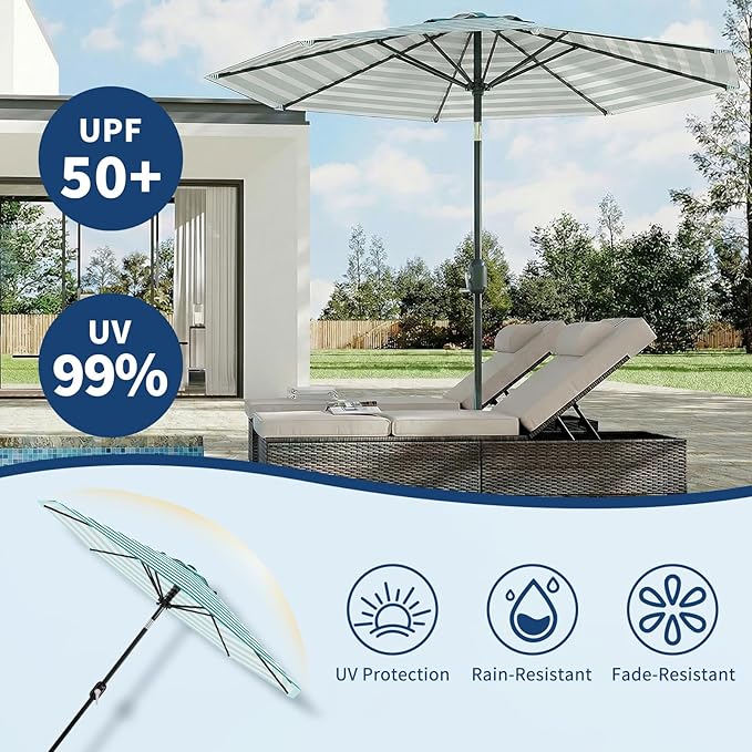 GarveeLife 9FT Patio Umbrella Outdoor, Table Umbrella with Push Button Tilt and Crank, 8 Sturdy Ribs UV Protection Waterproof for Garden, Pool, Market, Deck (Turquoise Blue & White Stripe)