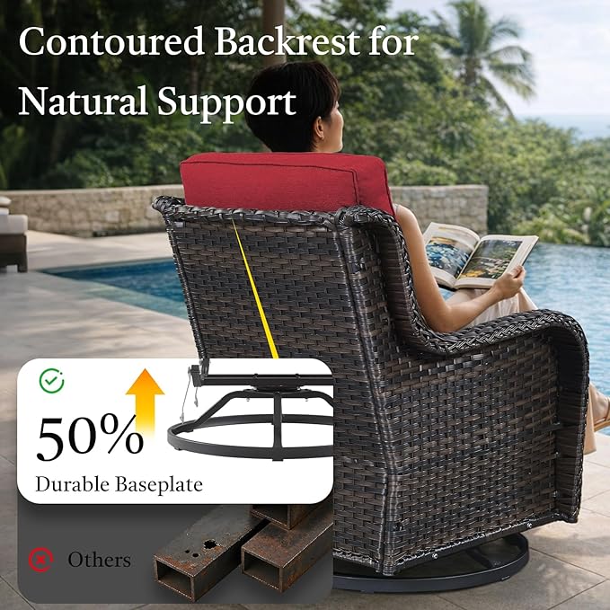 Outdoor Swivel Chairs-Patio Swivel Glider Chairs with Ottomans Outdoor Conversation Set for Deck Balcony Poolside Backyard-Brown/Red