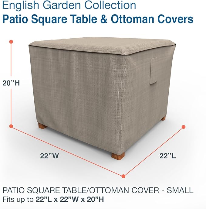 Budge P4A05PM1 English Garden Square Patio Table / Ottoman Cover Heavy Duty and Waterproof, Small, Tan Tweed
