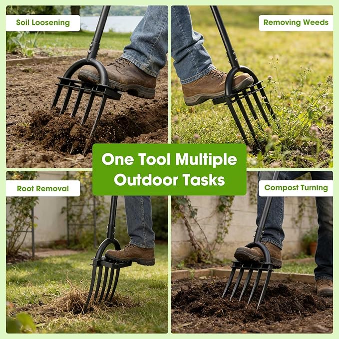 Broadfork Garden Tool, 55IN Pitch Fork for Gardening 5-Tine Heavy Duty Garden Fork with Ergonomic D-Grip Handle for Digging Loosening Soil Cultivating Weeding Composting