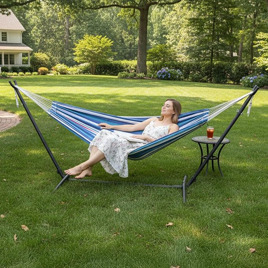 Double Hammocks with Stand for Outside,9FT Hammocks with Carrying Bag for 2 Person,Portable Space Saving Heavy-Duty Steel Stand for Indoor Outdoor Patio Yard,Easy Assembly (Blue & Purple)