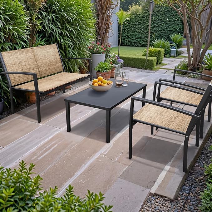 Tuoze 4 Pieces Outdoor Patio Furniture Conversation Glass Coffee Table Bistro Set with Loveseat Garden Yard Lawn and Balcony (Yellow),901DBG