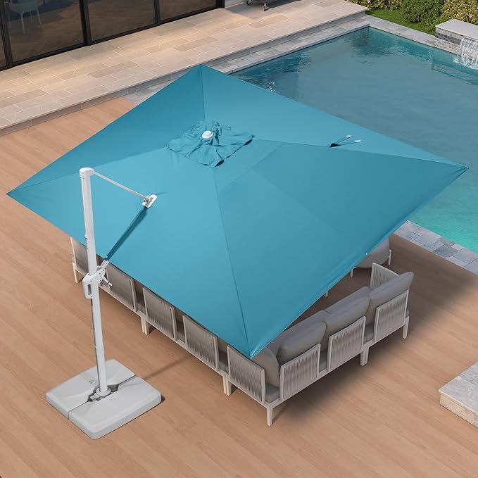 PURPLE LEAF 10' × 13' Patio Umbrella With Base White Cantilever Umbrella Square Outdoor Offset Umbrella Windproof with 360° Rotation for Garden Deck Pool, Turquoise