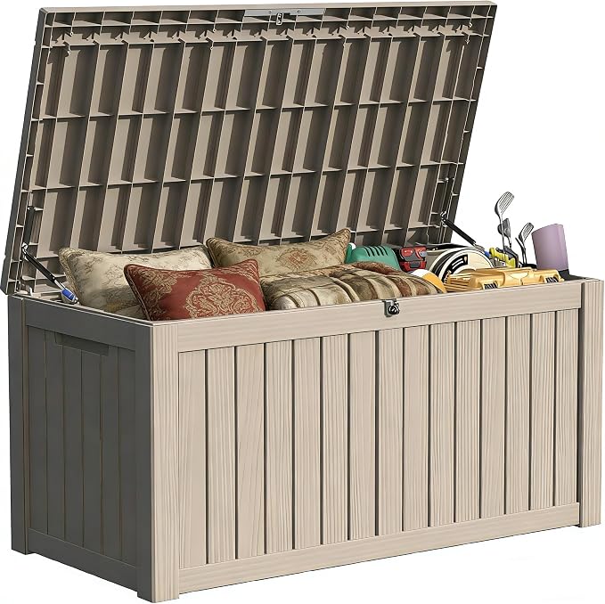 150 Gallon Outside Storage Box & Bench,Lockable&Waterproof Storage Organizer for Patio Furniture Accessories, Garden Tools, Indoor Storage for Cushion, Grey