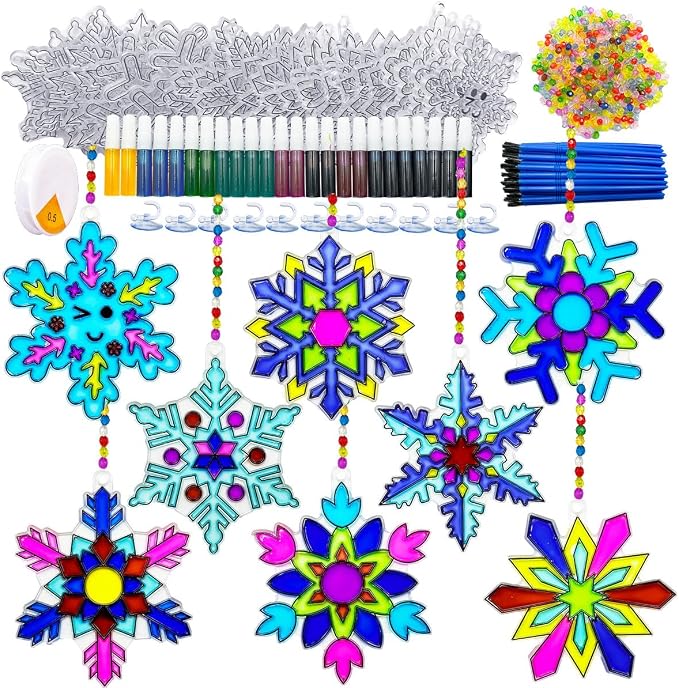 AUEKIV Snowflake Suncatcher Kit 32Sets Winter Snowflake Suncatchers Window Art Paint Sun Catchers DIY Craft Kit for Xmas Decoration Classroom Home Winter Christmas Holiday Art Project Party Favors