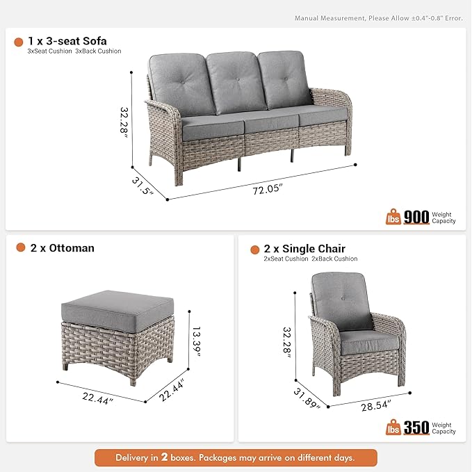 5-Piece Outdoor Patio Furniture Set,All Weather Wicker Rattan Patio Seating Sofa and Chair Set with Ottomans,Outdoor Conversation Sets with 3 Seater Couch for Porch Deck Yard,Grey