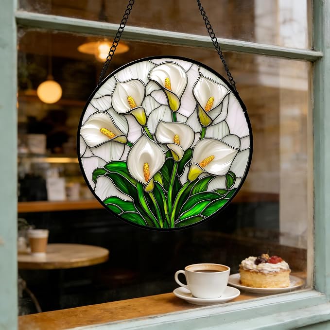 DASTOLL Stained Glass Window Hanging, White Calla Lily Suncatcher Diamond Glass Panel Hangings Flowers Sun Catchers Decor for Birthday for Women, Men, Wife, Aunt, and Mom 6.3 in