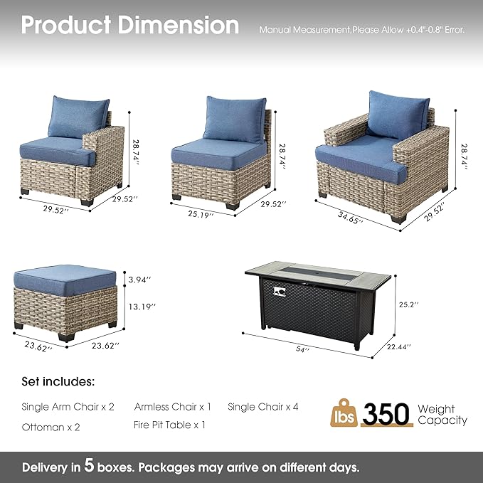 Rattan Patio Furniture Set with Fire Pit,10 Pieces Outdoor Sectional with Single Chair Ottoman,Out Door Furniture Conversation Set,Denim Blue