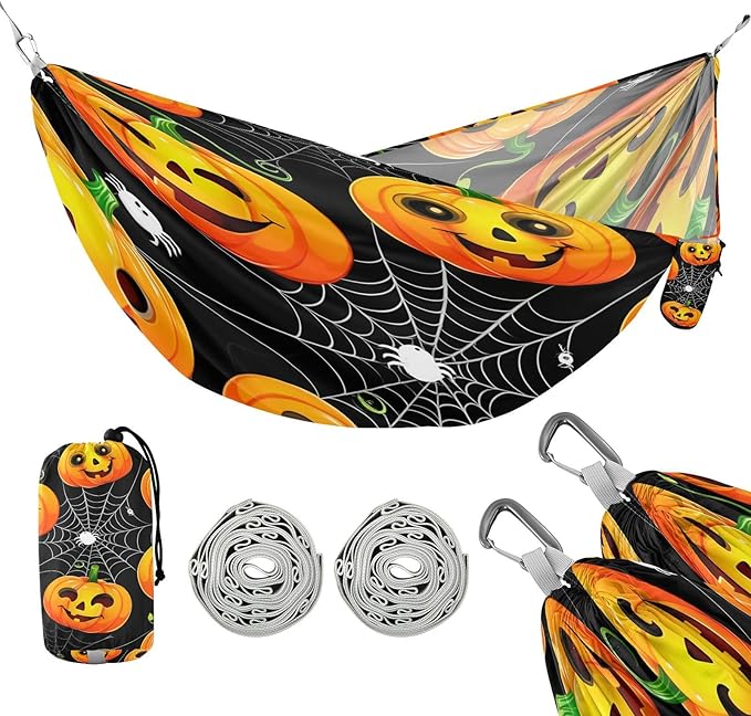 Hammocks for Outside Cartoon Jack-o-Lantern Pumpkins Camping Hammock Portable Hammocks with Tree Straps and Carry Bag Camping Accessories for Hiking Beach Outdoor