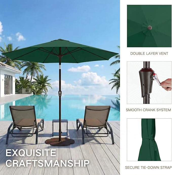 Kingdura 10FT Outdoor Patio Umbrella, Market Table Umbrella with Push Button Tilt and Crank, 8 Sturdy Fiberglass Ribs, UV Protection for Pool, Lawn, Deck, Backyard, Garden (Dark green)
