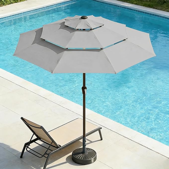 10ft 3 Tier Patio Umbrella, Outdoor Market Table Umbrella with UPF 50+ Vented Canopy, 8 Sturdy Ribs, Easy Push Button Tilt and Crank, Windproof for Deck, Pool, Backyard and Garden