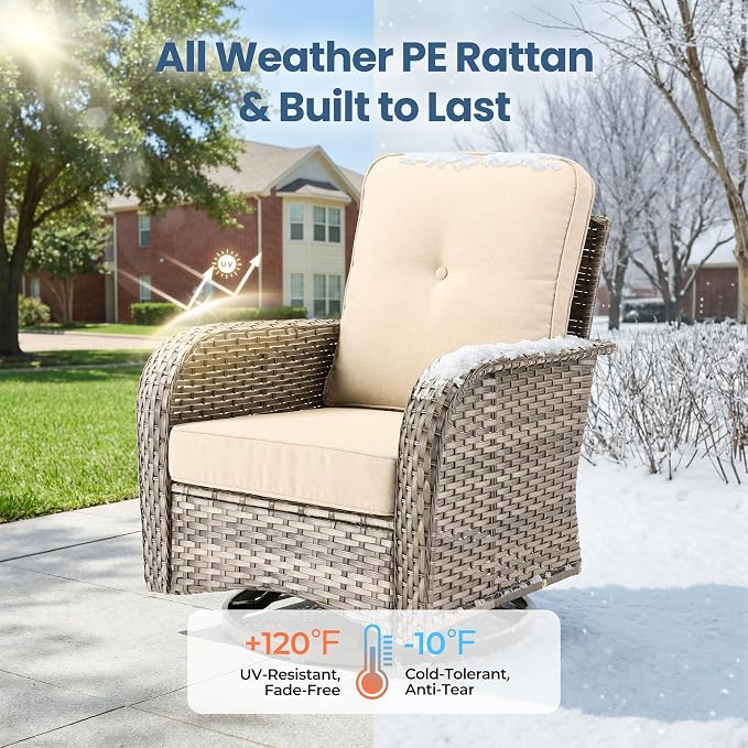 Weaxty Wicker Patio Furniture Set with Swivel Rocker Chairs Outdoor Loveseat Sofa and Rattan Coffee Table, 5 Pieces Outdoor Conversation Sets for Patio Porch Deck Backyard Poolside,Beige