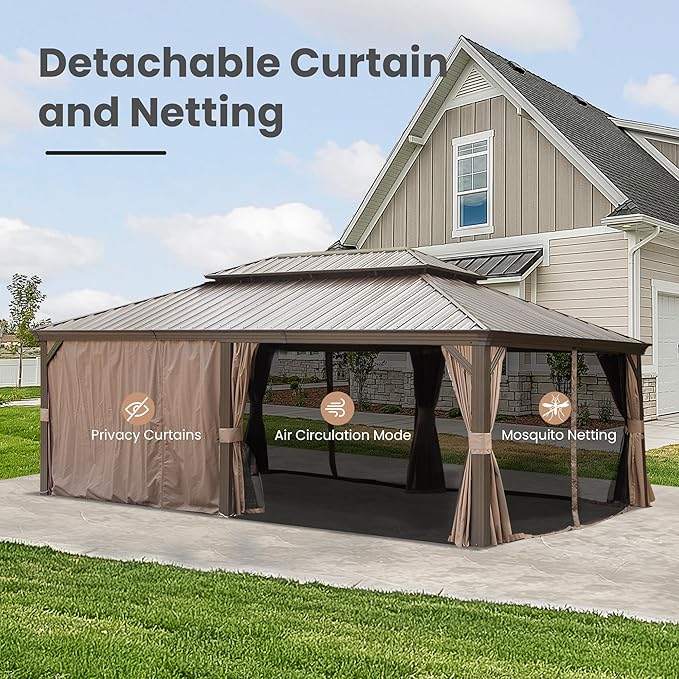 Domi 14' X 24' Hardtop Gazebo, Upgraded Metal Gazebo with Drainage System, Dual-Layer Galvanized Steel Roof, Curtain and Netting, Outdoor Shelter Canopy for Patio, Garden, and Backyard, Brown