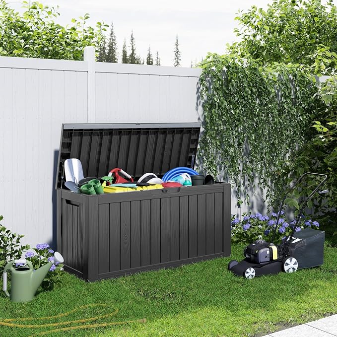 Large Outdoor Storage Box Waterproof, UV Resistant Resin Deck Box for Patio Furniture,Garden Tools,Cushions (Black, 85 Gallon)