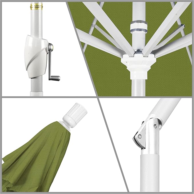 California Umbrella 9' Round Aluminum Market Umbrella, Crank Lift, Push Button Tilt, White Pole, Kiwi Olefin
