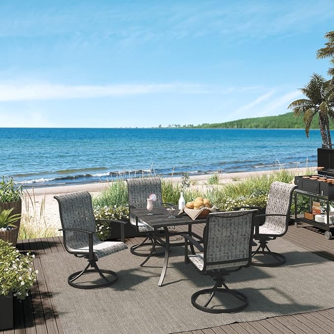 Grand patio Patio Dining Set for 4, Outdoor Dining Set with 4-Piece Mesh Sling Swivel Patio Rocking Chairs, 1-Piece Square Woodgrain Dining Table with 1.5'' Umbrella Hole, Black & Grey Plaid