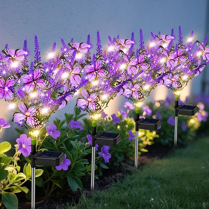 NBQQ Solar Garden Lights Outdoor 4 Pack Lavender Butterfly Lights, Solar Artificial Flower Outdoor Waterproof Decoration Gardening Gifts for Women, Yard Patio Pathway Lawn Courtyard Decoration
