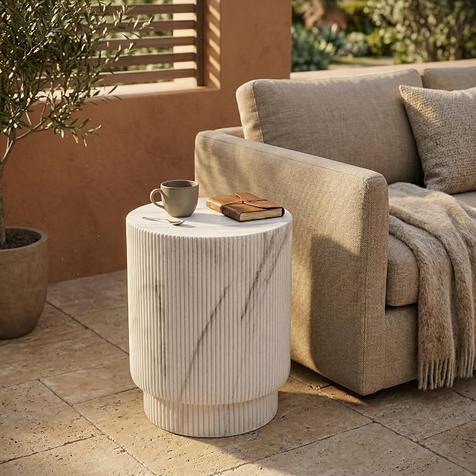 LeisureMod Eden Modern Side End Table – Indoor and Outdoor Accent Table for Living Room, Bedroom, Patio, Balcony, Porch, Garden, Small Spaces in White Marble
