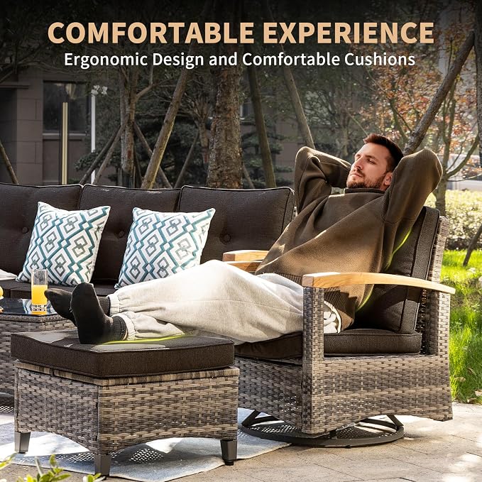 MEISSALIVVE 7 Pieces Outdoor Patio Furniture Sets, Wicker Patio Conversation Sets with 2 Wood Armrests Swivel Glide Chairs, Outdoor Couch for Deck Yard and Poolside (Black)