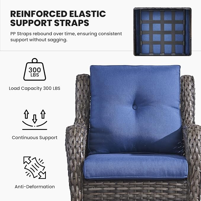 Belord High Back Patio Chairs Set of 2 - Gray Wicker Outdoor Seating, 4" Wide Armrests Rattan Outdoor Club Chairs with Blue Removable Cushion for Deck Porch Backyard