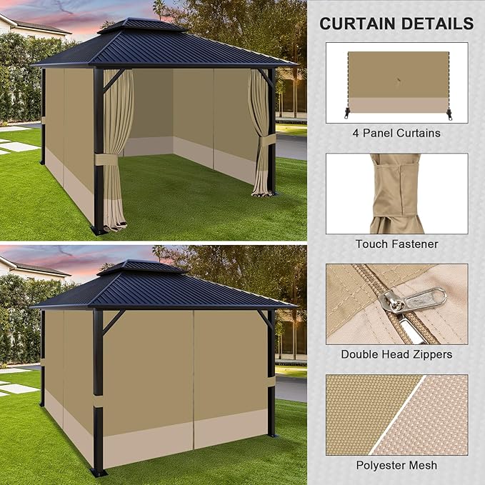 Aoodor 12x14 ft Outdoor Gazebo Curtains, 4 Panels Waterproof Privacy Sidewall Replacement with Zipper for Patio Pergola and Canopy, Khaki and Sand Yellow