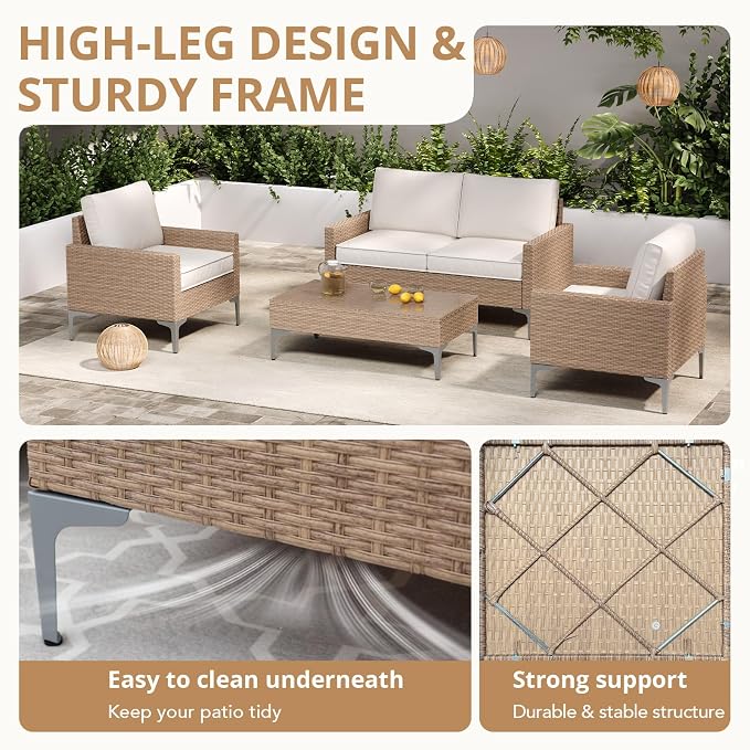 2 Piece Outdoor Loveseat with Coffee Table, All-Weather Wicker Patio Sofa Set with Cushions for Garden, Poolside, Porch, Beige
