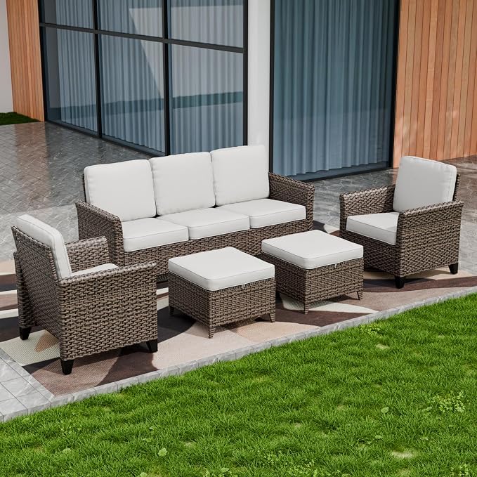 COOS BAY Harbor Retreat 5 Piece Outdoor Furniture Set, Patio Conversation Set with Patio Chairs, 3 Seat Couch and Ottomans, Wicker Furniture, Brown/Beige