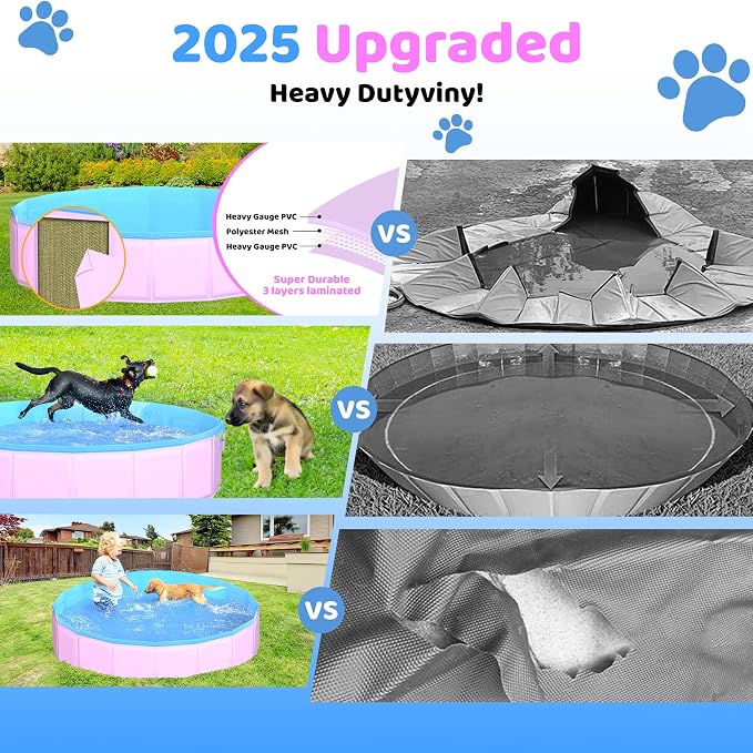 CACSPS 2025 Updated Foldable Dog Pool, 97" x 12" Kiddie Pool with Hard Plastic, Non-Slip Dog Bath Tub for Outdoor Backyard, Collapsible Dog Swimming Pool for Kids Dogs Pets (Pink)