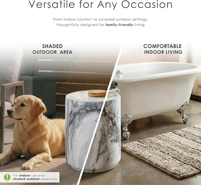 24/7 Shop at Home Ranera Modern 14-inch Natural Stone Side Table with Round Drum Base, Marble Nightstand, Patio End Table, for Living Room, Covered Outdoor Spaces, Balcony, Blue Gray Marble
